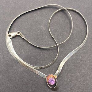 6.8g .925 Sterling Silver Herringbone Chain Necklace 18" with Amethyst Solitaire